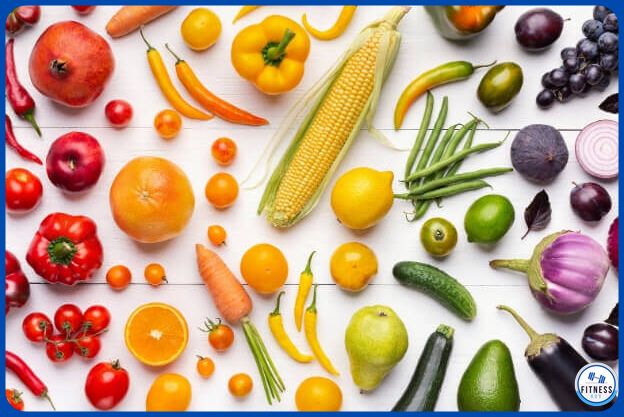 Una selección de frutas y verduras con los colores del arcoíris